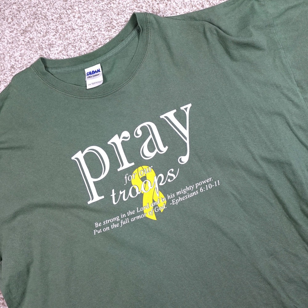 Gildan Ultra Cotton Pray For Our Troops Christian T-Shirt Green 2XL Ephesians 6